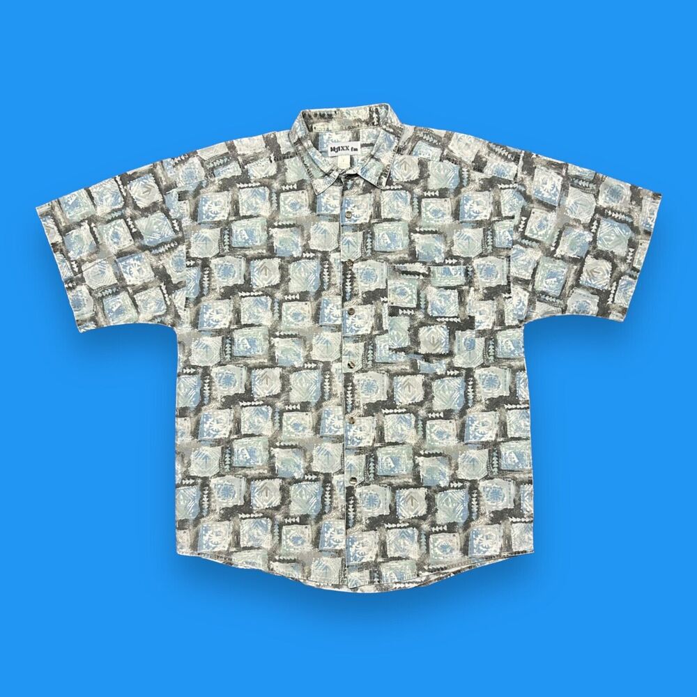 Vintage Hawaiian Shirt Button Up Abstract Print 80s 90s Cotton Blue Large